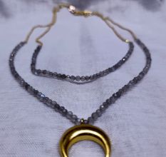 Two Layer Labradorite necklace with Crescent Moon charm, Handmade jewelry